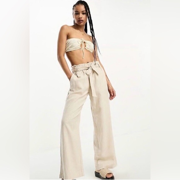 H by Halston Pants - HALSTON Wide Leg Linen Blend Pants Beige Metallic Thread Elastic Waist Women's M